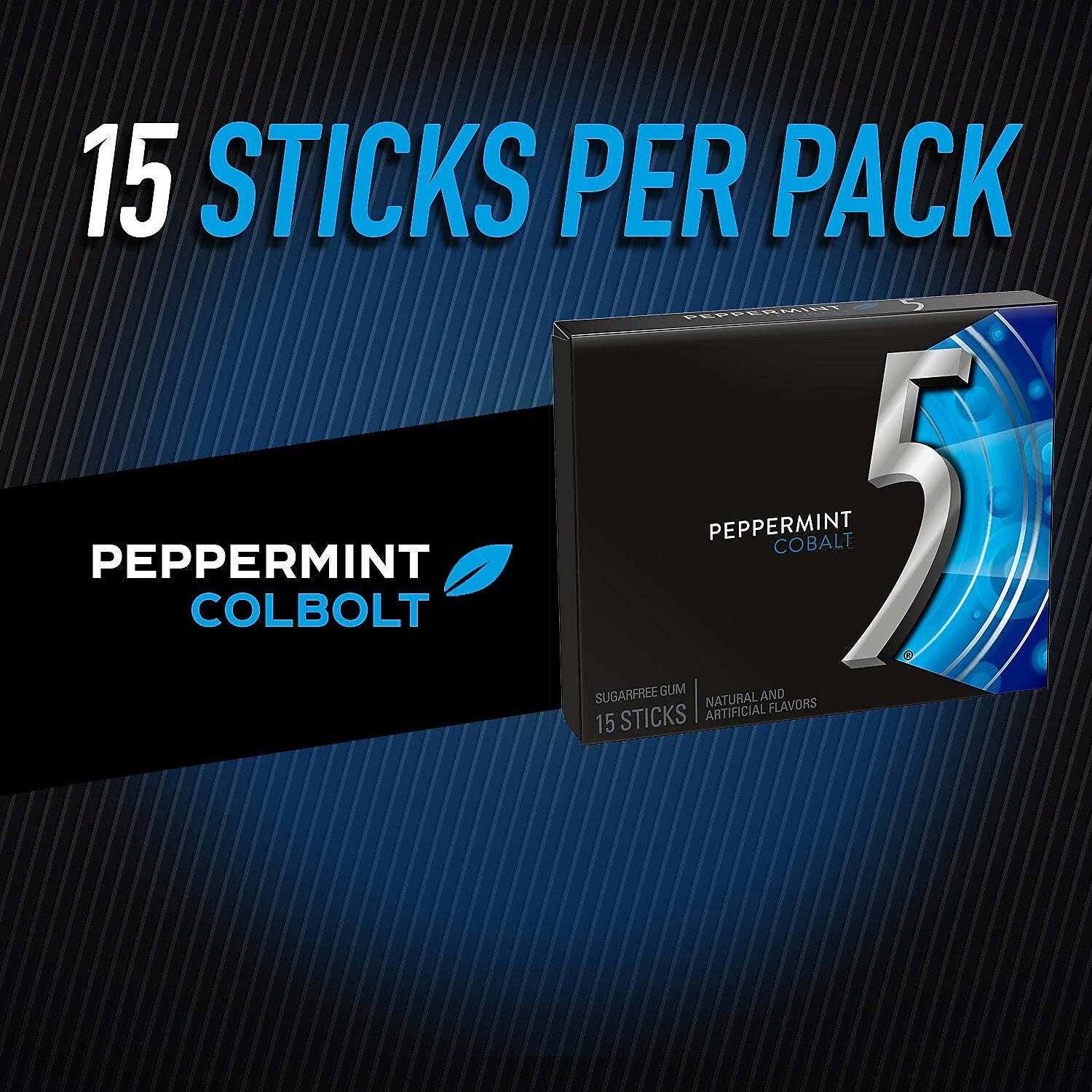 5 GUM Peppermint Cobalt Sugar Free Chewing Gum, 15 Sticks
