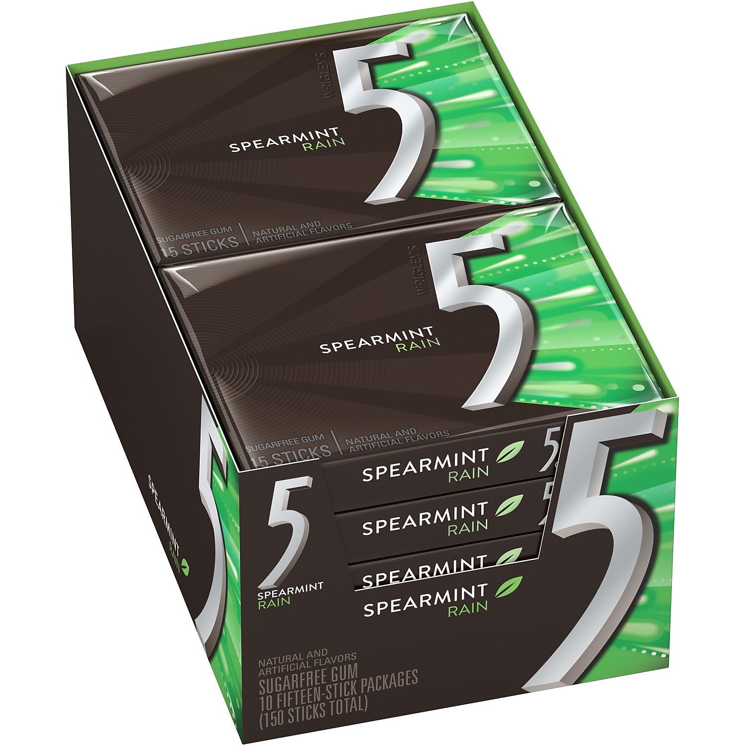 5 Gum Sugar Free Gum, Spearmint Rain, 10/Box