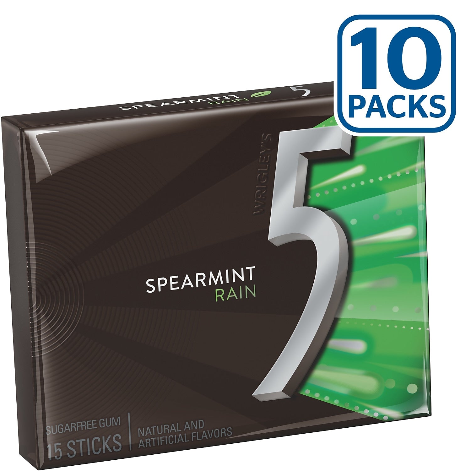 5 Gum Sugar Free Gum, Spearmint Rain, 10/Box