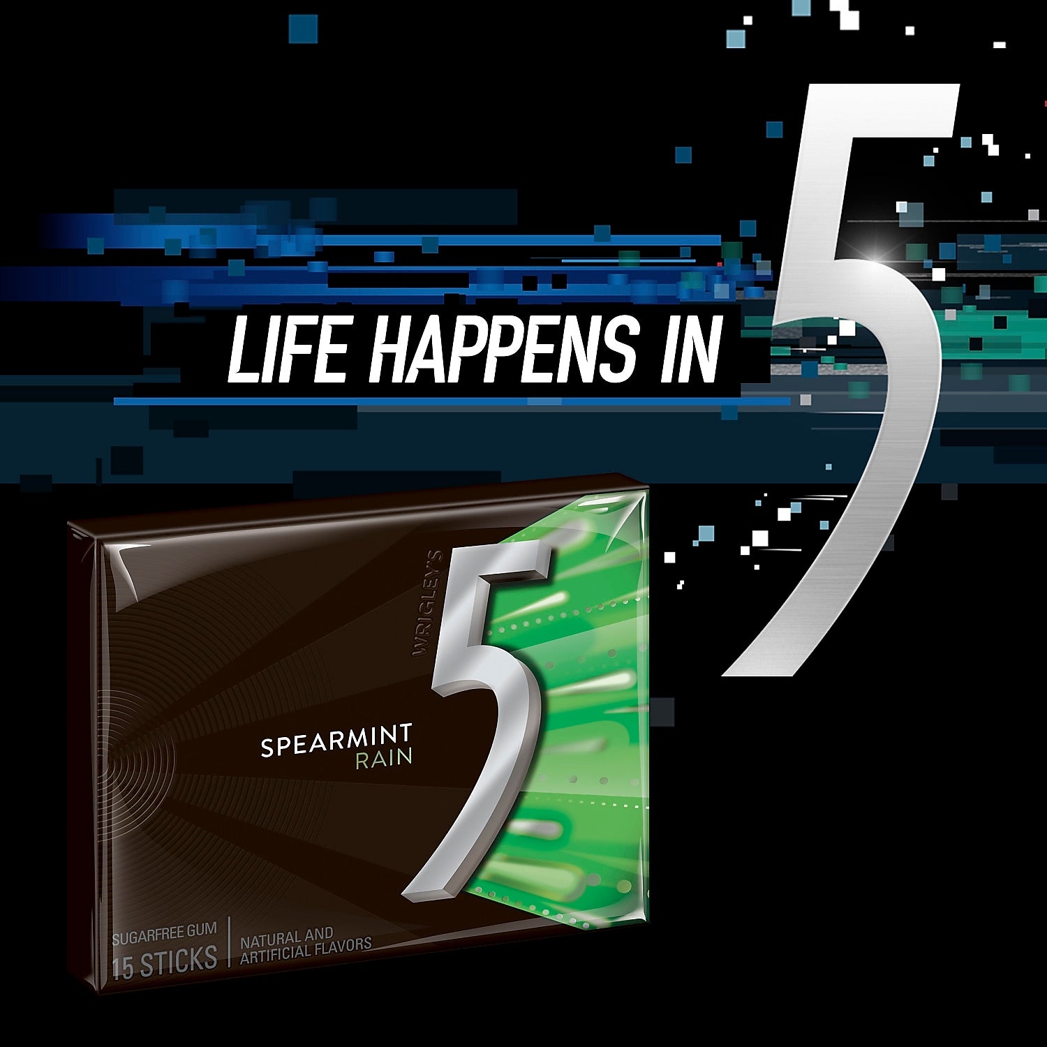 5 Gum Sugar Free Gum, Spearmint Rain, 10/Box