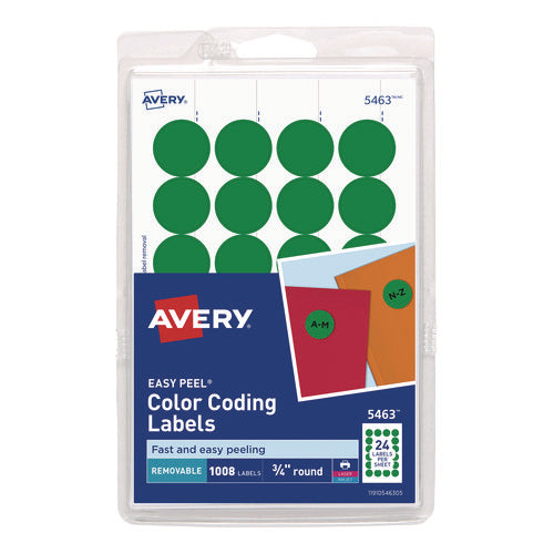 Printable Self-adhesive Removable Color-coding Labels, 0.75" Dia, Green, 24/sheet, 42 Sheets/pack, (5463)