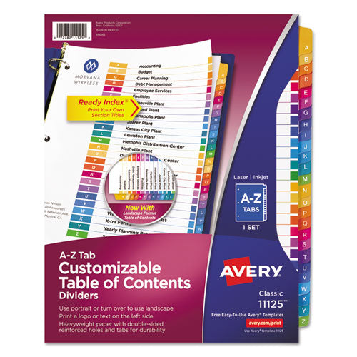 Customizable Toc Ready Index Multicolor Tab Dividers, 26-tab, A To Z, 11 X 8.5, White, Traditional Color Tabs, 1 Set