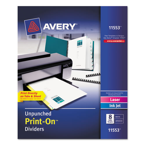 Customizable Print-on Dividers, Unpunched, 8-tab, 11 X 8.5, White, 5 Sets