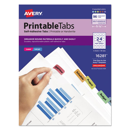 Printable Plastic Tabs With Repositionable Adhesive, 1/5-cut, Assorted Colors, 1.25