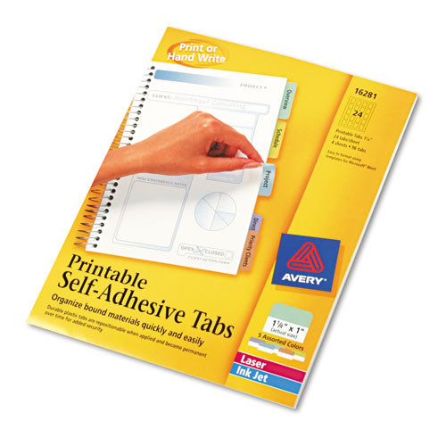 Printable Plastic Tabs With Repositionable Adhesive, 1/5-cut, Assorted Colors, 1.25