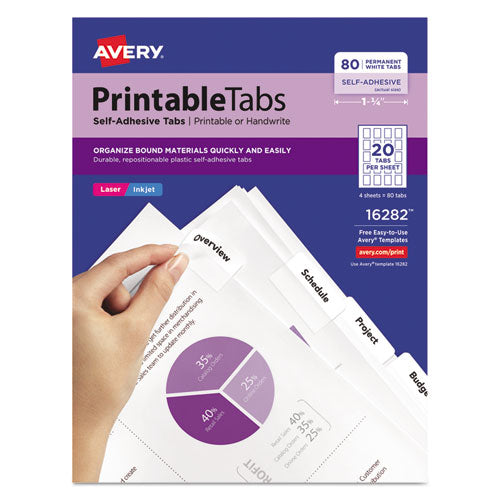 Printable Plastic Tabs With Repositionable Adhesive, 1/5-cut, White, 1.75
