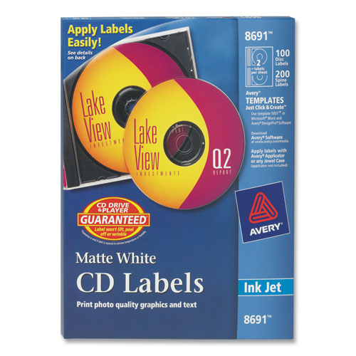 Inkjet Cd Labels, Matte White, 100/pack