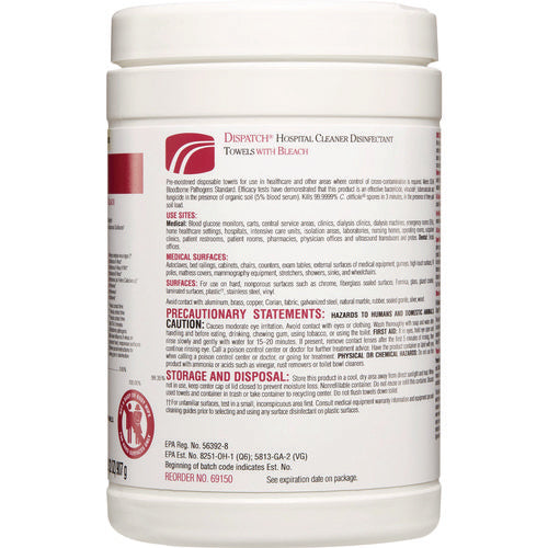 Dispatch Hospital Cleaner Disinfectant Towels W/bleach, 1-ply, 6.75 X 8, Unscented, White, 150/canister, 8 Canisters/carton