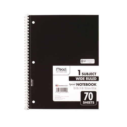 Spiral Notebook, 3-hole Punched, 1-subject, Wide/legal Rule, Randomly Assorted Cover Color, (70) 10.5 X 7.5 Sheets