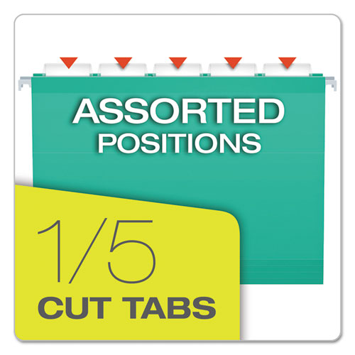 Colored Reinforced Hanging Folders, Letter Size, 1/5-cut Tabs, Aqua, 25/box