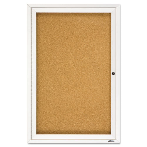 Enclosed Indoor Cork Bulletin Board With One Hinged Door, 24" X 36", Tan Surface, Satin Aluminum Frame