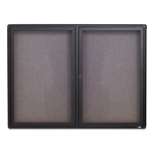 Enclosed Indoor Fabric Bulletin Board With Two Hinged Doors, 48" X 36", Gray Surface, Graphite Gray Aluminum Frame