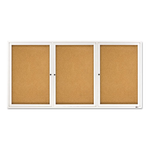 Enclosed Indoor Cork Bulletin Board With Three Hinged Doors, 72" X 36", Tan Surface, Satin Aluminum Frame