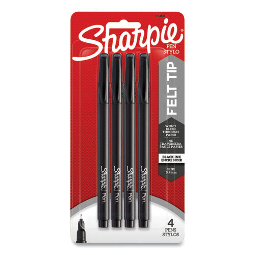 Water-resistant Ink Porous Point Pen, Stick, Fine 0.4 Mm, Black Ink, Black Barrel, 4/pack