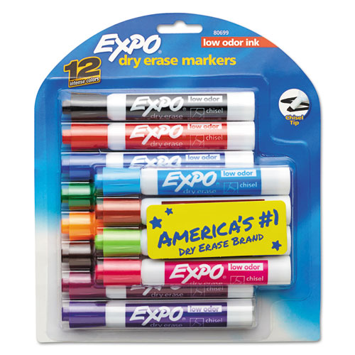 Low-odor Dry-erase Marker, Broad Chisel Tip, Assorted Colors, 12/set