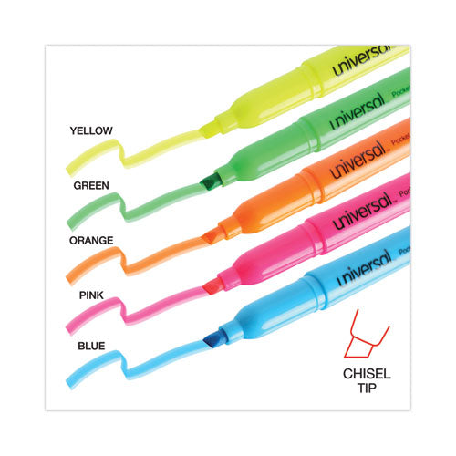 Pocket Highlighters, Assorted Ink Colors, Chisel Tip, Assorted Barrel Colors, 5/set