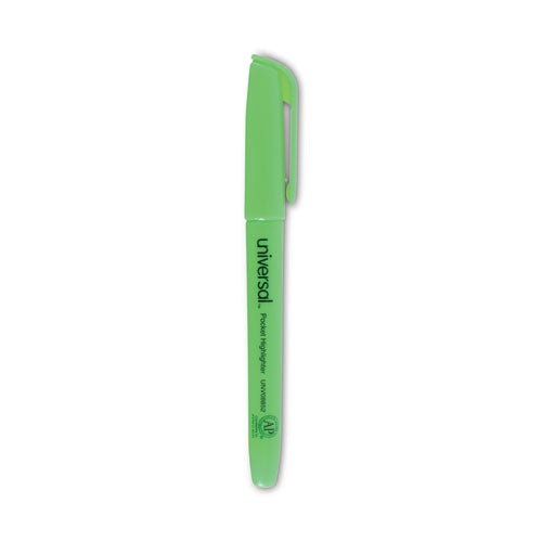 Pocket Highlighters, Fluorescent Green Ink, Chisel Tip, Green Barrel, Dozen