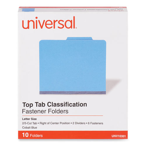 Bright Colored Pressboard Classification Folders, 2" Expansion, 2 Dividers, 6 Fasteners, Letter Size, Cobalt Blue, 10/box