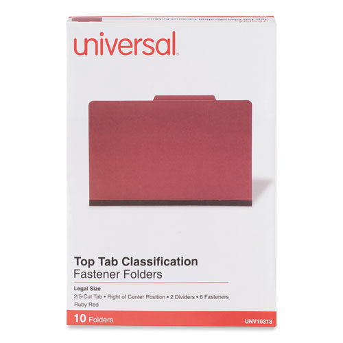 Bright Colored Pressboard Classification Folders, 2" Expansion, 2 Dividers, 6 Fasteners, Legal Size, Ruby Red, 10/box