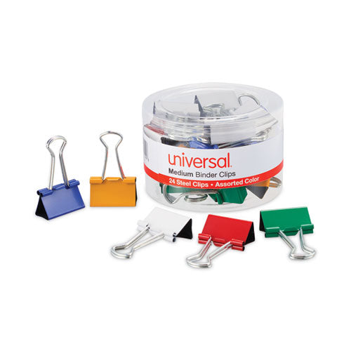 Binder Clips With Storage Tub, Medium, Assorted Colors, 24/pack