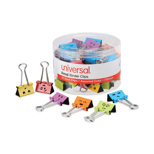 Emoji Themed Binder Clips With Storage Tub, Medium, Assorted Colors, 42/pack