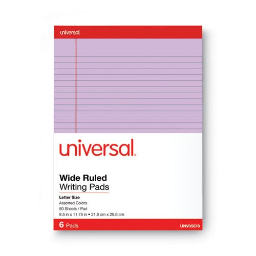 Colored Perforated Ruled Writing Pads, Wide/legal Rule, 50 Assorted Color 8.5 X 11.75 Sheets, 6/pack