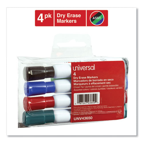 Dry Erase Marker, Broad Chisel Tip, Assorted Colors, 4/set