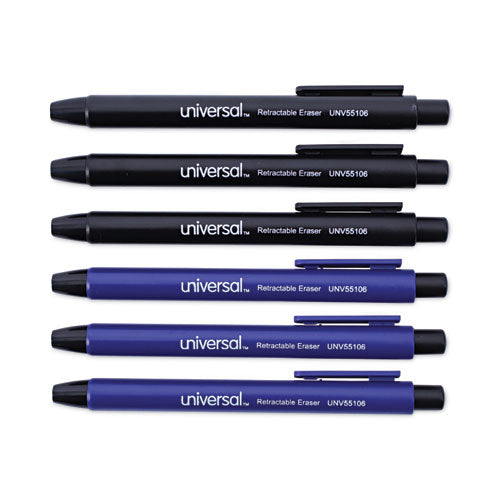 Pen-style Retractable Eraser, For Pencil Marks, White Eraser, Assorted Barrel Colors, 6/pack