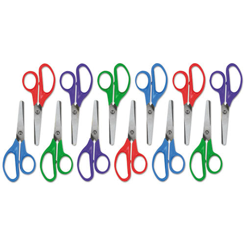 Kids' Scissors, Rounded Tip, 5" Long, 1.75" Cut Length, Straight Assorted Color Handles, 12/pack