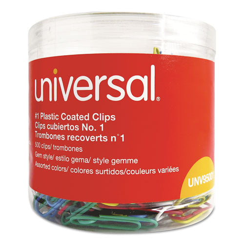 Plastic-coated Paper Clips With One-compartment Dispenser Tub, #1, Assorted Colors, 500/pack