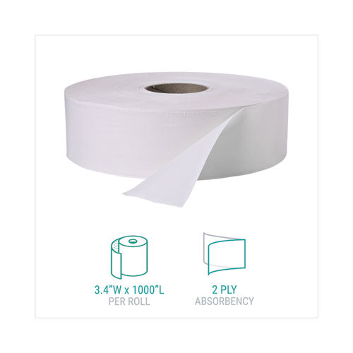 Jumbo Roll Bath Tissue, Septic Safe, 2 Ply, White, 3.4
