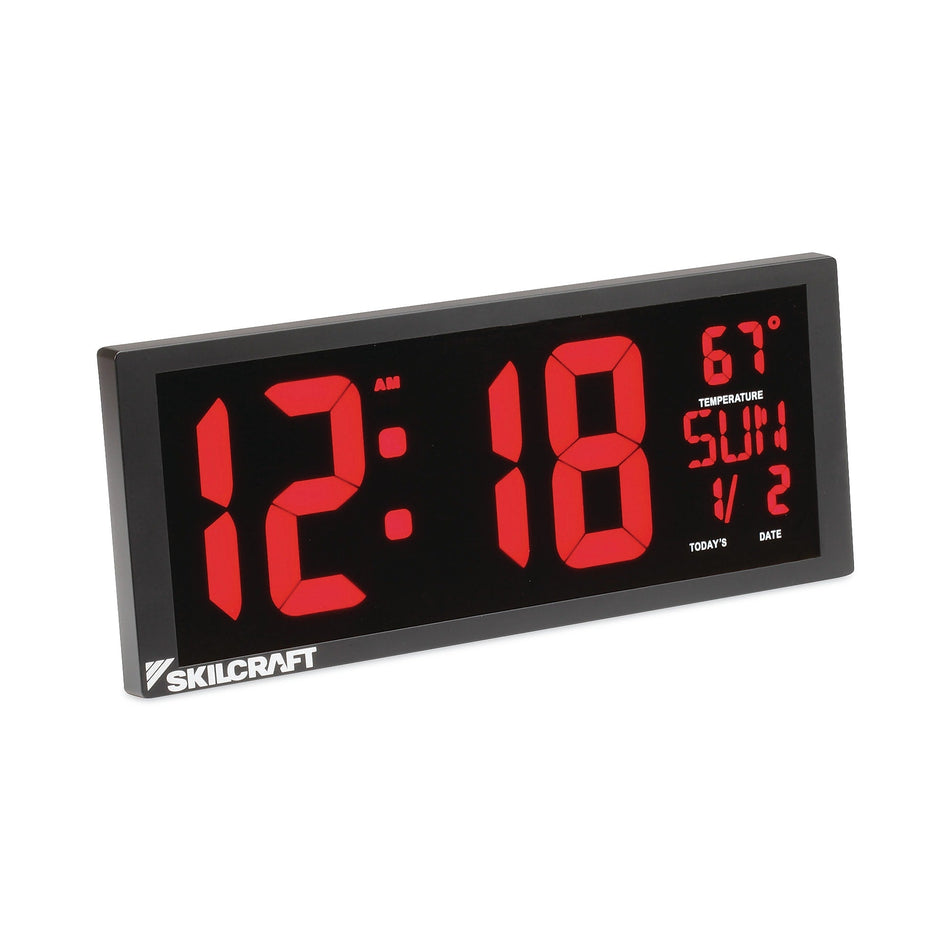 AbilityOne® 6645016988079 SKILCRAFT LED Self-set Digital Clock, 14.4" x 5.9", Black Case, AC Powered, 2 AA