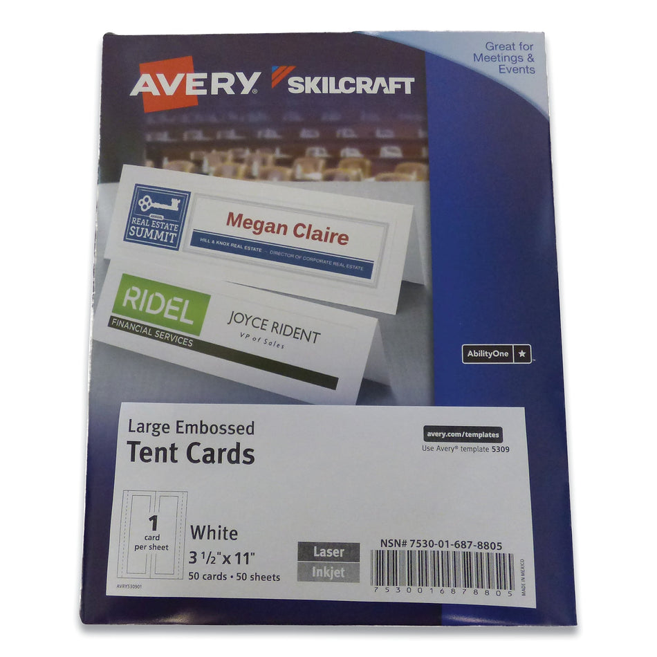 AbilityOne 7530016878805 SKILCRAFT/AVERY Tent Cards, White, 3.5 x 11, 1 Card/Sheet, 50 Sheets/Pack