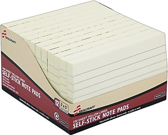 AbilityOne Self-Stick Note Pad, Lined, Yellow, 3" x 5", 100 Notes/Pad, 12/Pk