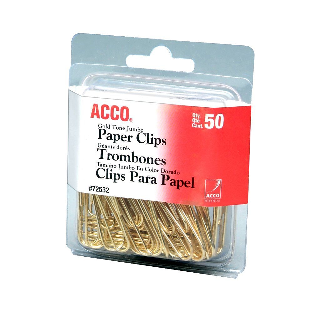 ACCO Gold Tone Jumbo Paper Clips, Gold, 50/Box