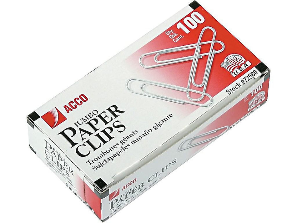 ACCO Jumbo Paper Clips, Silver, 100 Clips/Box, 10 Boxes/Pack