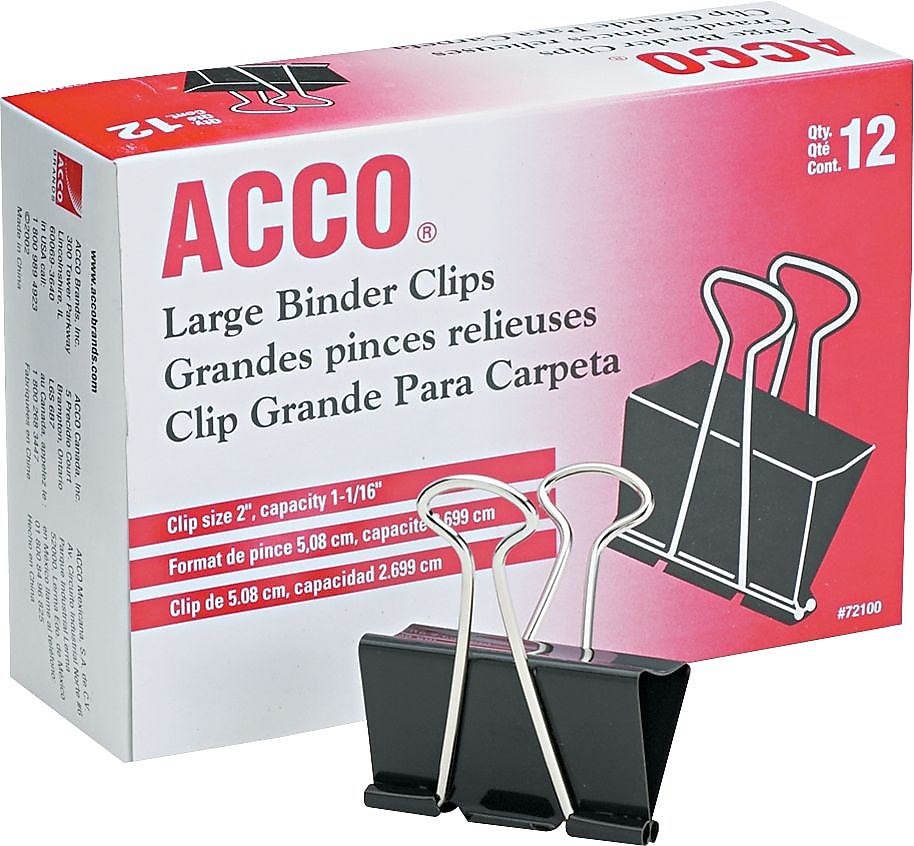 ACCO Large Binder Clips, 2" Capacity, Black/Silver, 12 Clips/Pack