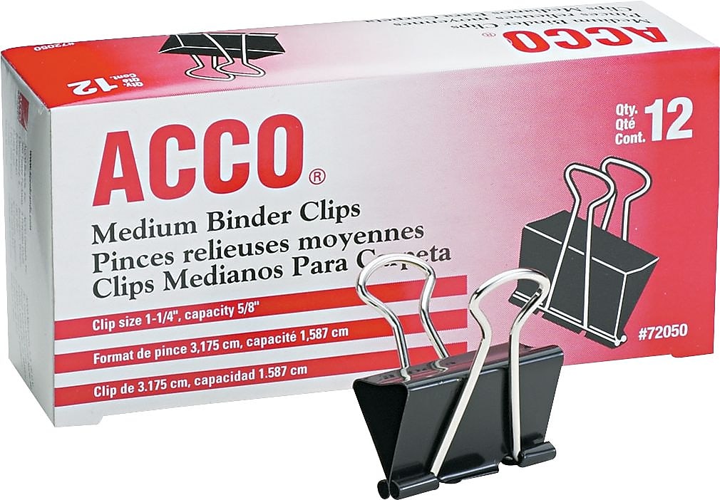 ACCO Medium Binder Clips, 0.63" Capacity, Black/Silver, 12 Clips/Pack