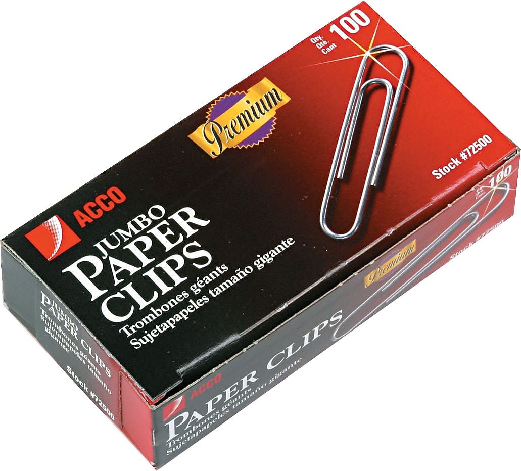 ACCO Premium Jumbo Paper Clips, Silver, 100/Box