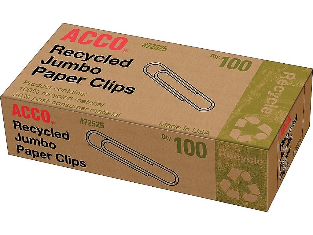 ACCO Recycled Jumbo Paper Clips, Silver, 100 Clips/Pack, 10/Pack