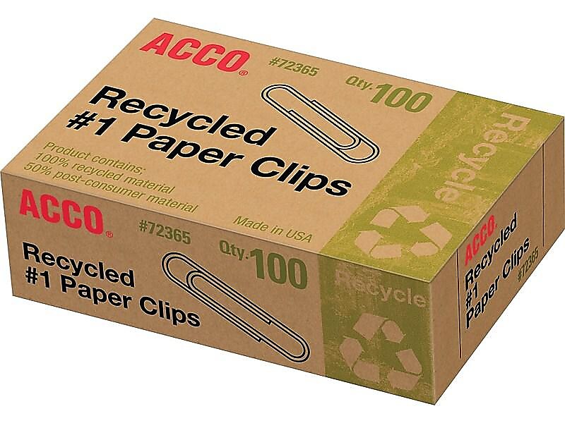 ACCO Recycled Paper Clips, #1, Silver, 100/Box, 10 Boxes/Pack