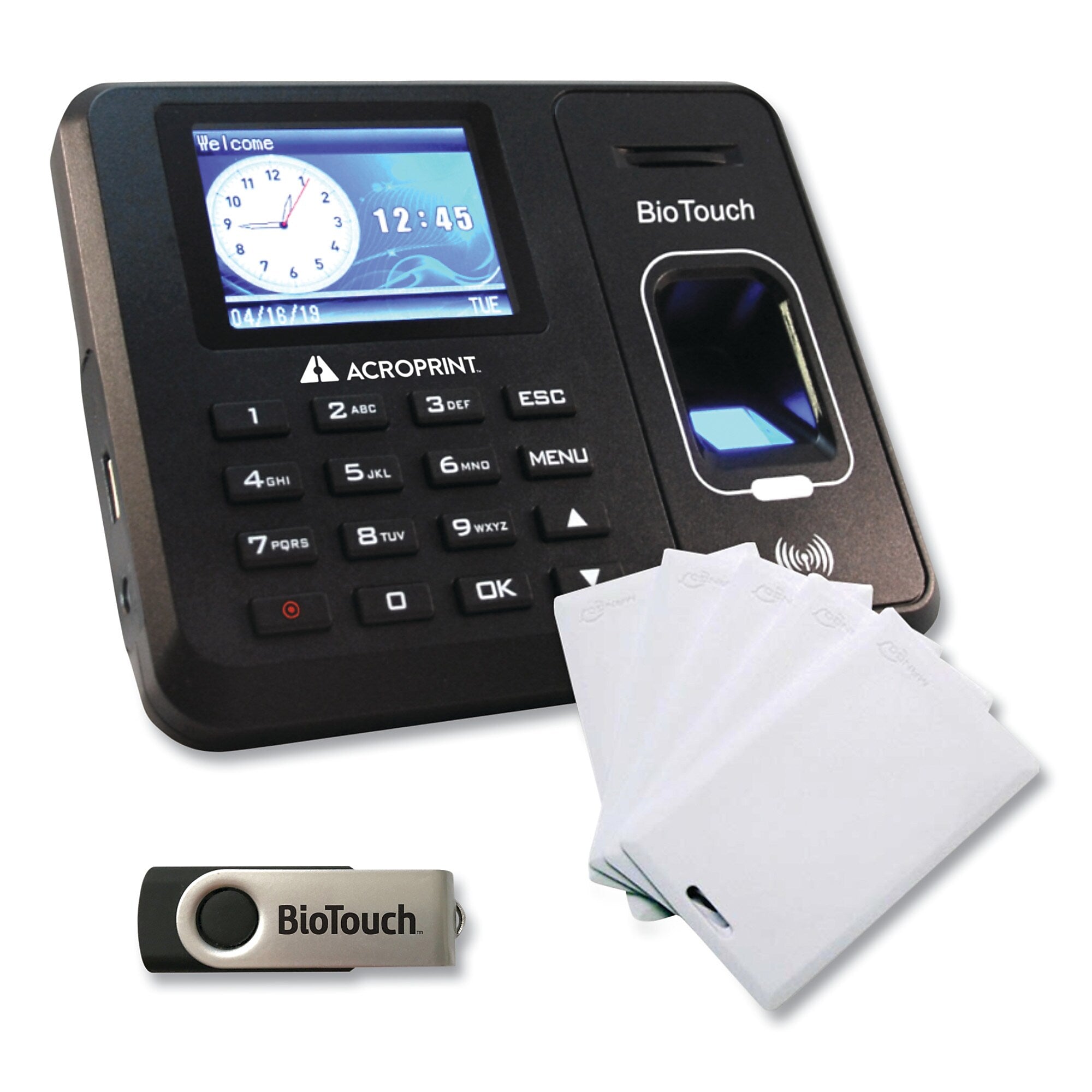 Acroprint® BioTouch Time Clock and Badges Bundle, 10,000 Employees, Bl ...