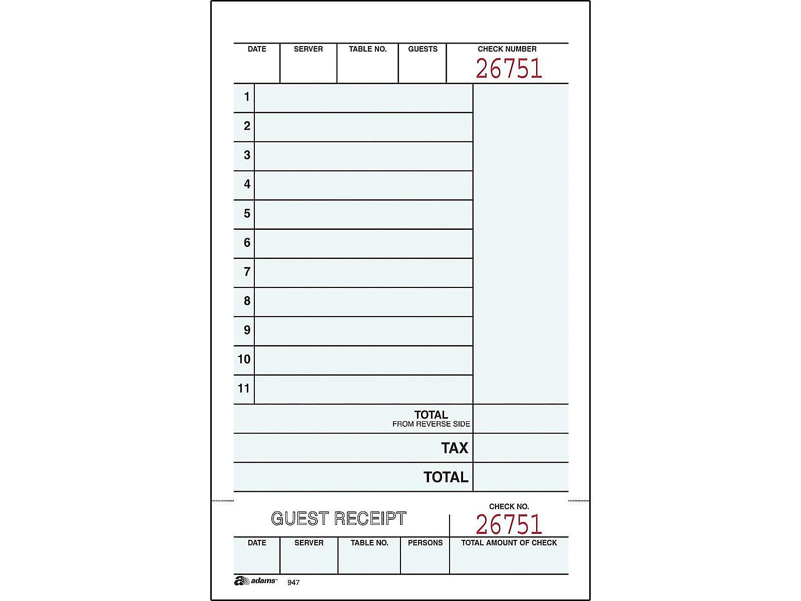 Adams 2-Part Carbonless Guest Checks, 4.25