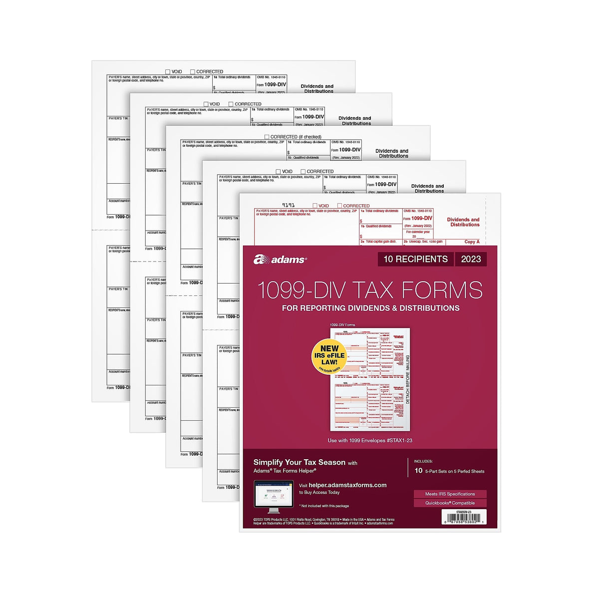 Adams 2023 1099-DIV Tax Forms, 5-Part, 10/Pack