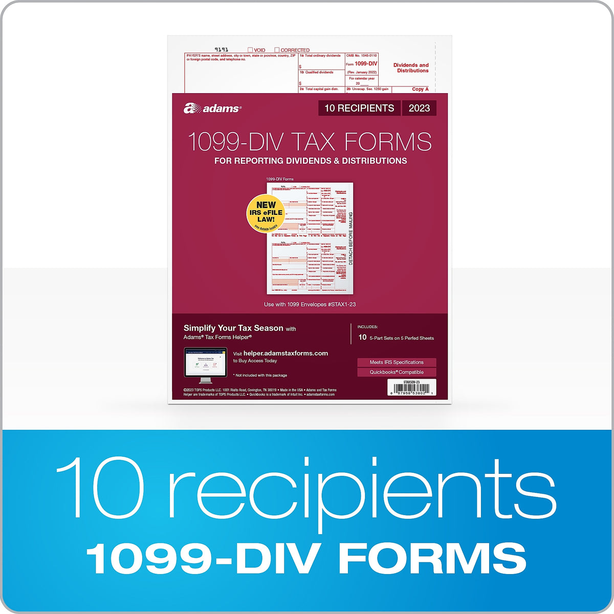 Adams 2023 1099-DIV Tax Forms, 5-Part, 10/Pack