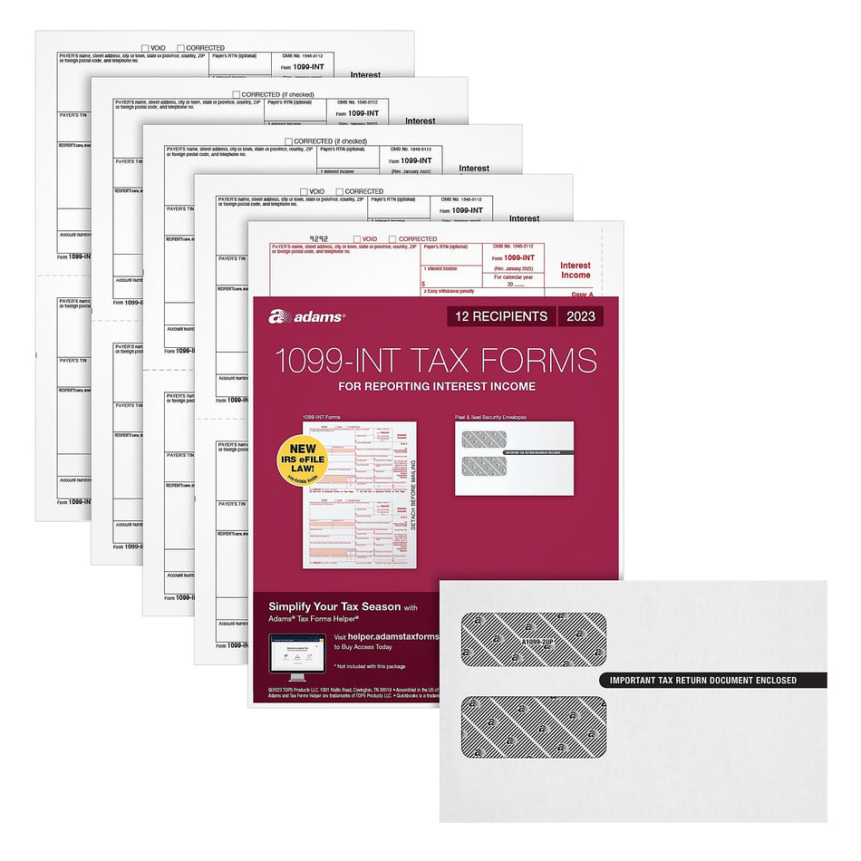 Adams 2023 1099-INT Tax Forms with Self Seal Envelopes, 5-Part, 12/Pack