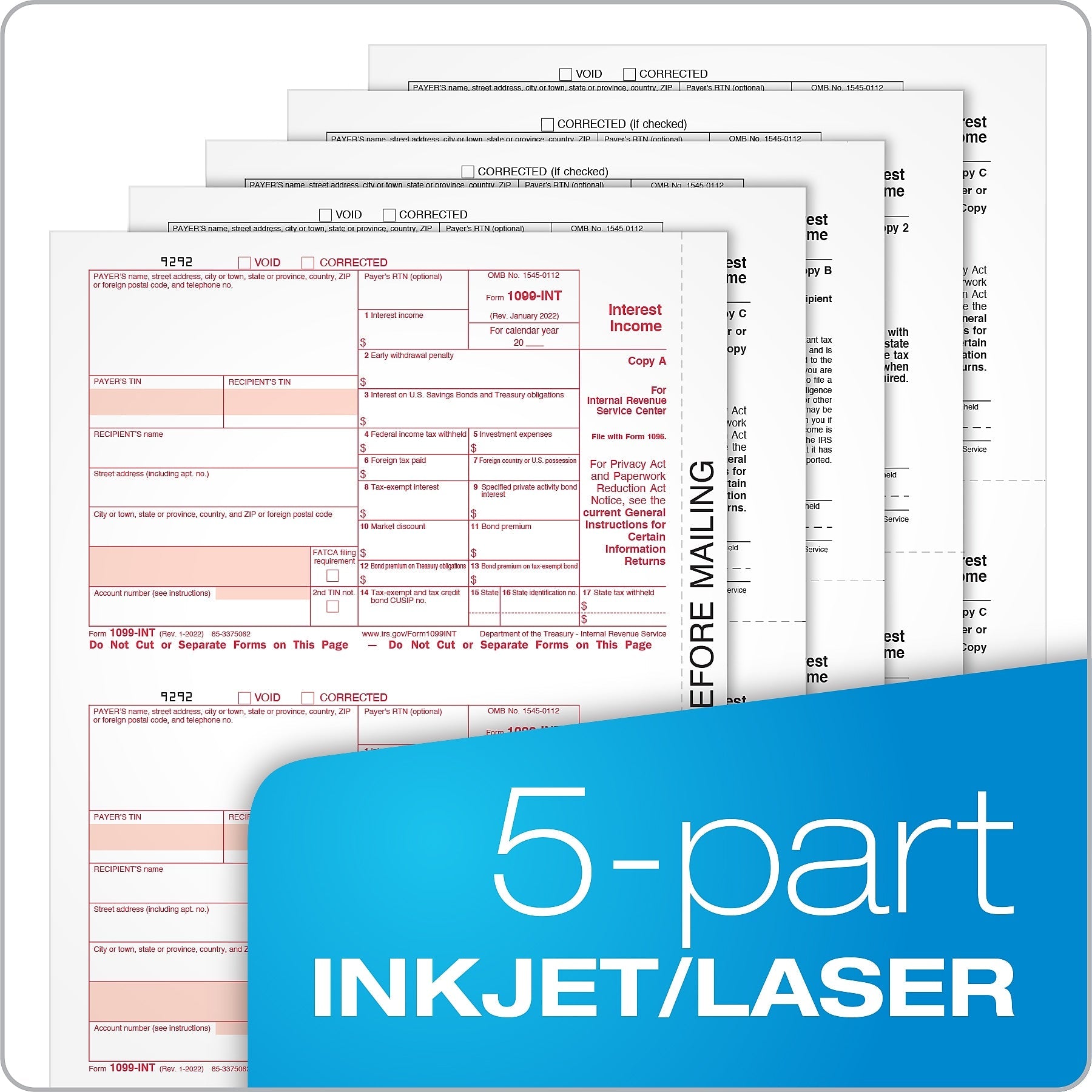 Adams 2023 1099-INT Tax Forms with Self Seal Envelopes, 5-Part, 12/Pack