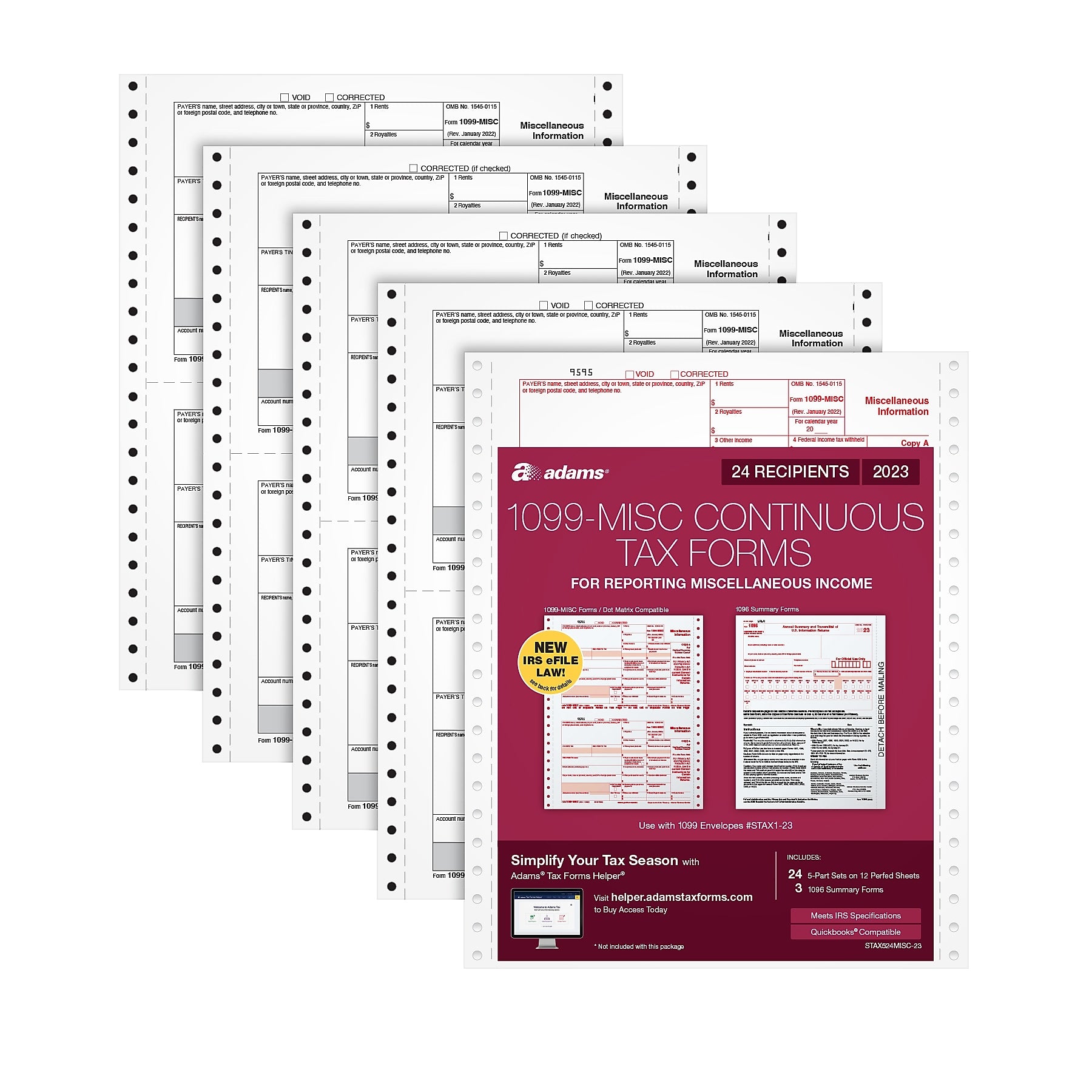 Adams 2023 1099-MISC Continuous-Feed Tax Forms with 1096 Forms, 5-Part, 24/Pack