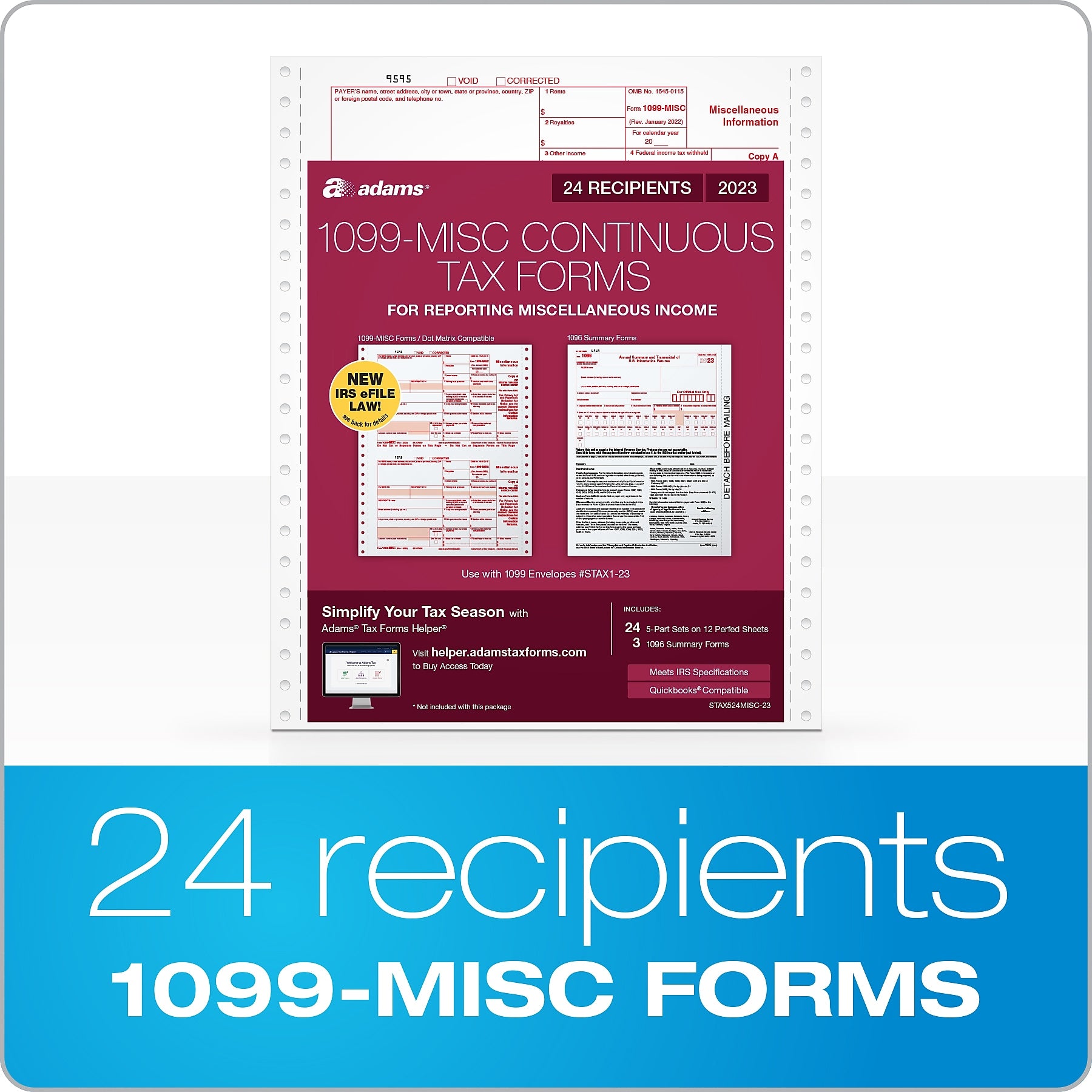 Adams 2023 1099-MISC Continuous-Feed Tax Forms with 1096 Forms, 5-Part, 24/Pack