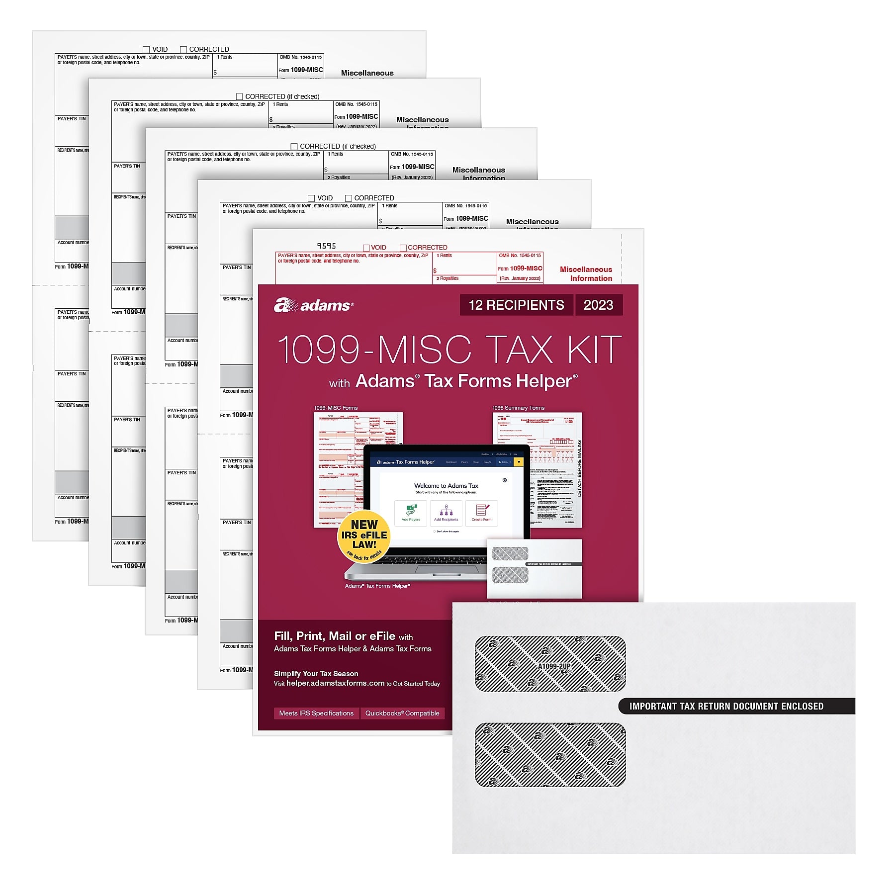 Adams 2023 1099-MISC eFile Tax Forms Kit, w/ Self Seal Envelopes, Access to new Adams Tax Forms Helper, 12/Pack